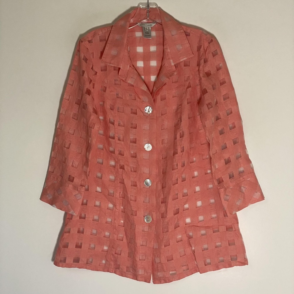 John Mark Top Womens Small Pink Linen Sheer Check Art To Wear Artsy Lagenlook